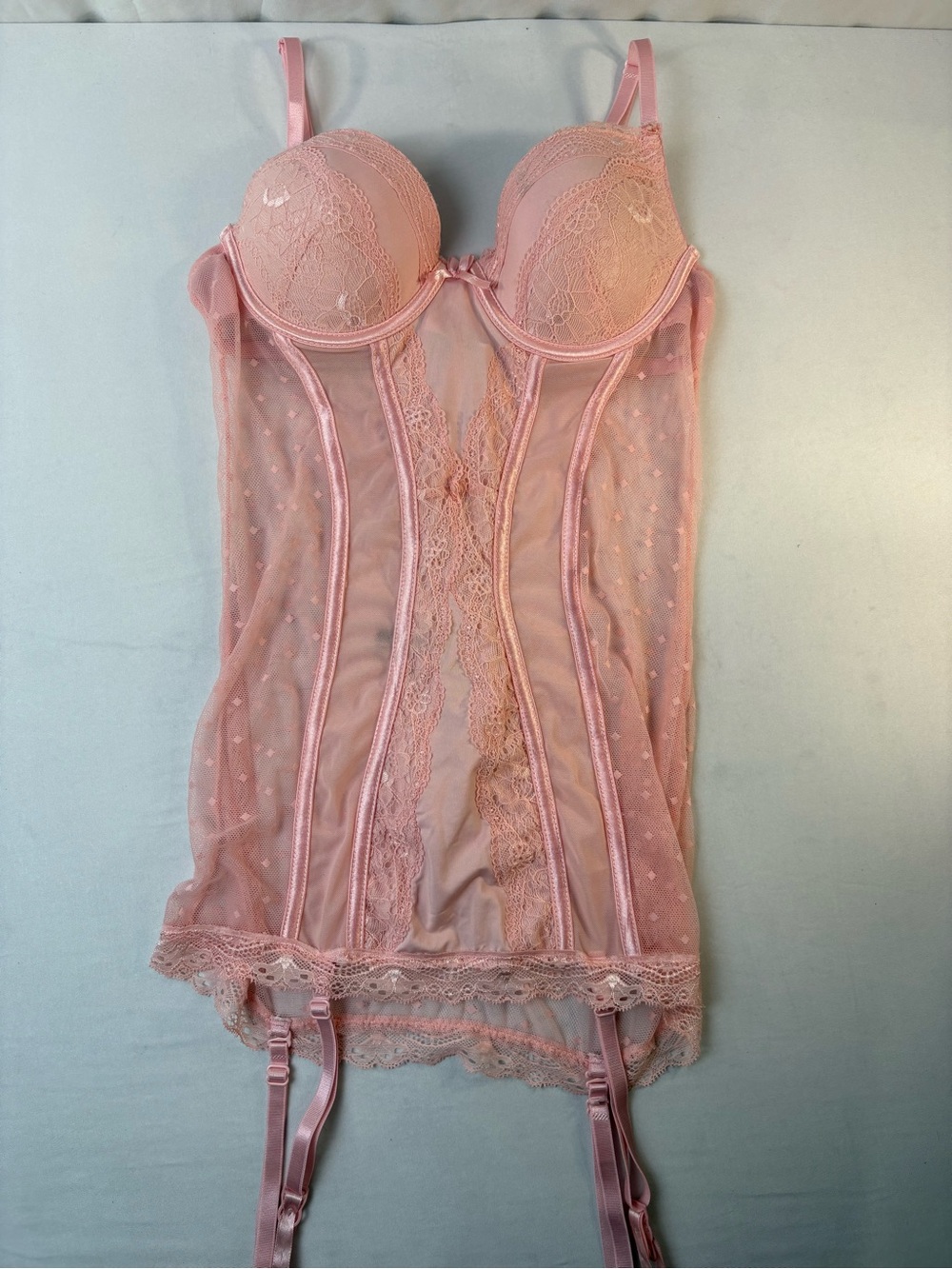 Ooh! La, La! Couture Pink Lace Bustier with Garter Straps Sz small